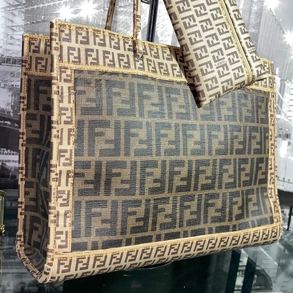 Authentic Rare FENDI Brown Monogram Tote with Matching Pouch - Picture 10 of 16